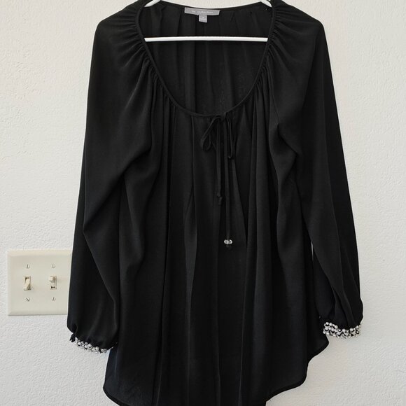 NY COLLECTION Women's Size M Black Blouse Pearls Rhinestone Cuffs Long Sleeves - Picture 2 of 7